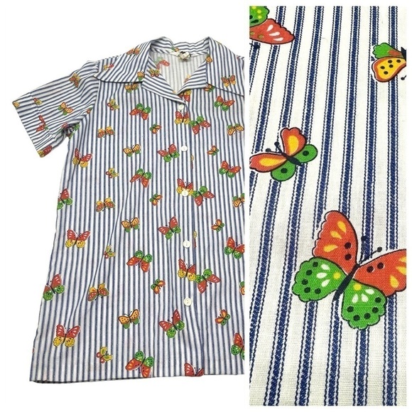 •- Vintage Butterfly Stripe Button Down Shirt Y2K 90s A34 - Picture 1 of 9